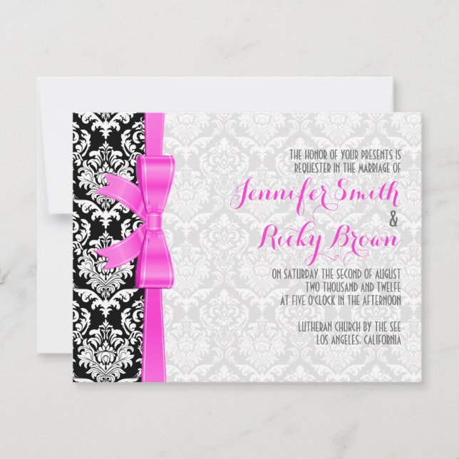 Pink Ribbon Black And White Damasks Wedding Invitation (Front)