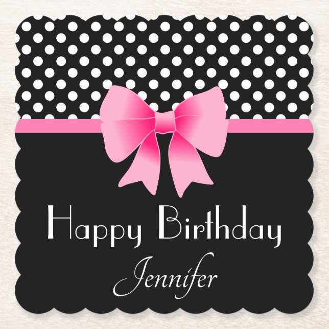 Pink Ribbon Black & White Polka Dots Birthday Paper Coaster (Front)