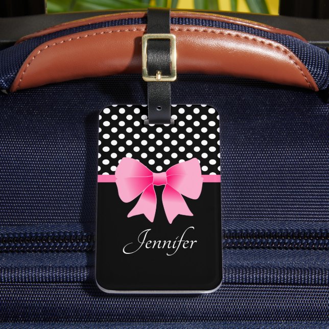 Pink Ribbon Black & White Polka Dots Luggage Tag (Front Insitu 2)