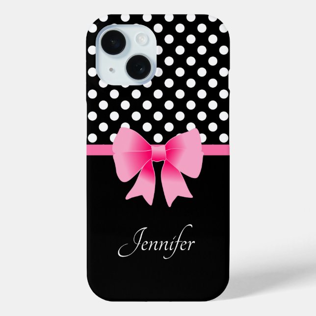 Pink Ribbon Black & White Polka Dots Name Case-Mate iPhone Case (Back)