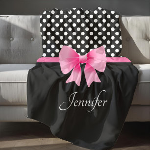 Pink Ribbon Black & White Polka Dots Name Fleece Blanket