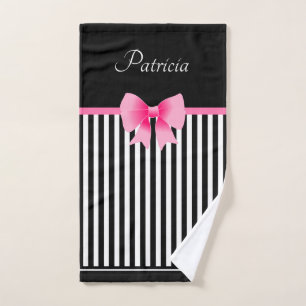 Pink Ribbon Black & White Stripes Pattern Name Bath Towel Set