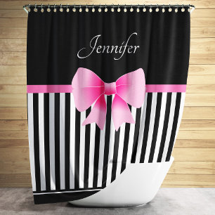 Pink Ribbon Black & White Stripes Pattern Name Shower Curtain
