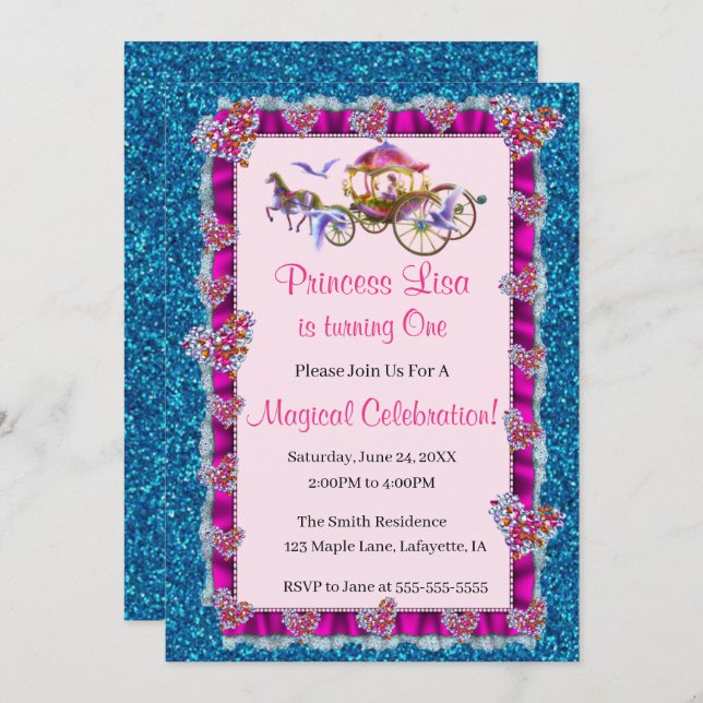 Pink Ribbon Blue Glitter Royal Princess Birthday Invitation (Front/Back)