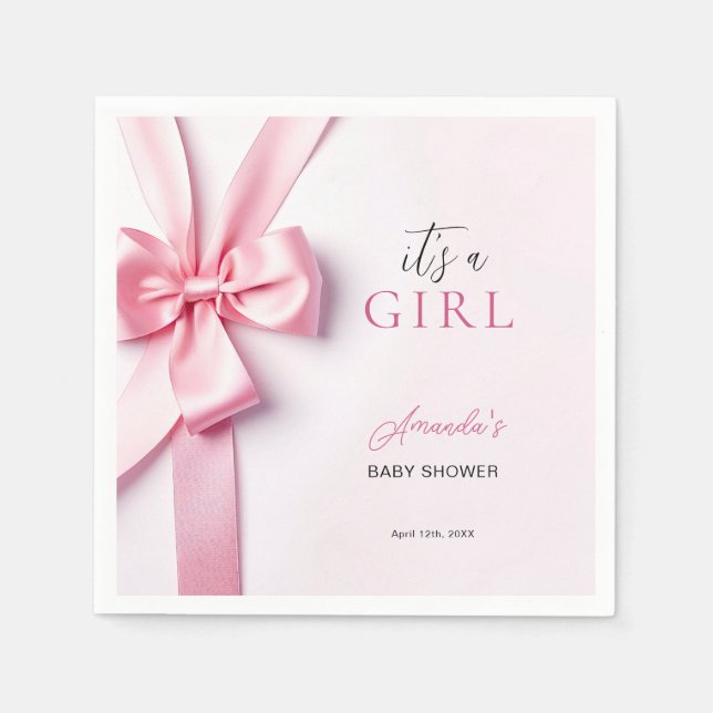 Pink Ribbon Bow Baby Shower It's a Girl Napkin (Front)