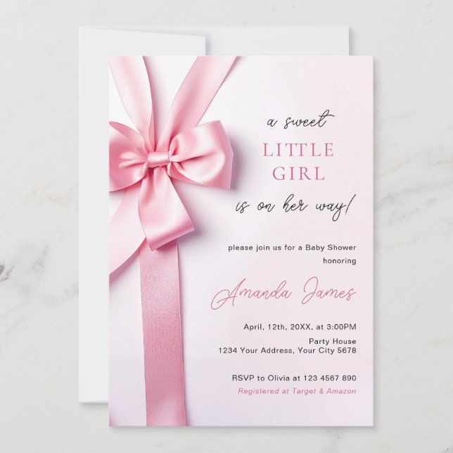 Pink Ribbon Bow Baby Shower Sweet Little Girl Invitation (Front)