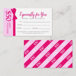 Pink ribbon bow business gift $50 gift voucher card