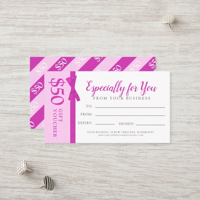 :Pink ribbon bow business gift $50 gift voucher Discount Card (Front/Back In Situ)