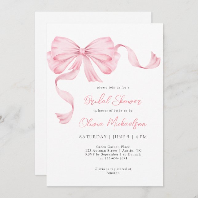 Pink Ribbon Bow Coquette Minimalist Bridal Shower Invitation (Front/Back)