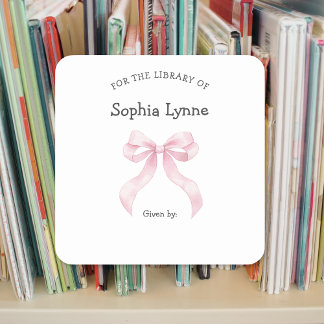 Pink Ribbon Bow girl baby shower bookplate Square Sticker