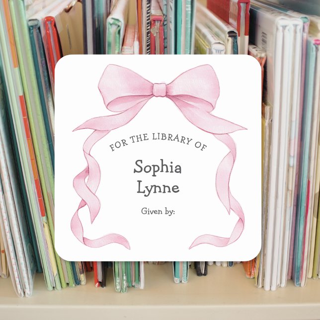 Pink Ribbon Bow girl baby shower bookplate Square Sticker (Creator Uploaded)