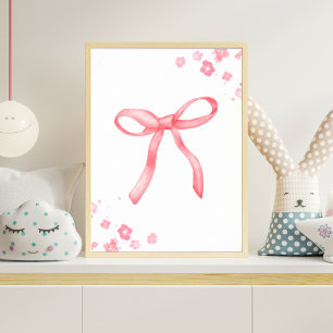 Pink Ribbon Bow Nursery Poster Watercolor Baby Gir