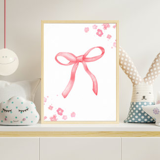 Pink Ribbon Bow Nursery Poster Watercolor Baby Gir