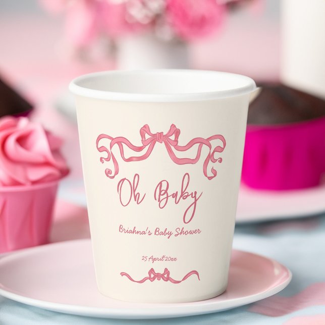 Pink ribbon bow scribble sketch baby shower paper cups (Pink ribbon bow scribble sketch baby shower paper cups personalized tableware decor)