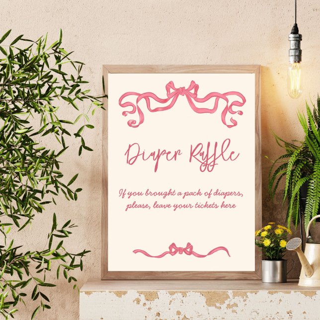 Pink ribbon bow sketch baby shower raffle sign (Pink ribbon vintage bow sketch baby shower diaper raffle table sign personalized decor)
