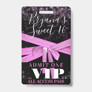 Pink Ribbon Bow Sweet 16 Party VIP Pass ID Badge