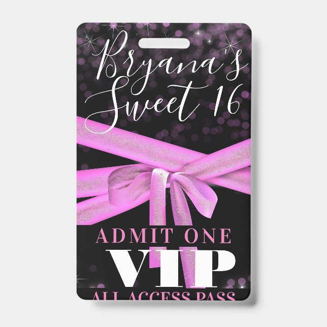 Pink Ribbon Bow Sweet 16 Party VIP Pass ID Badge (Front)