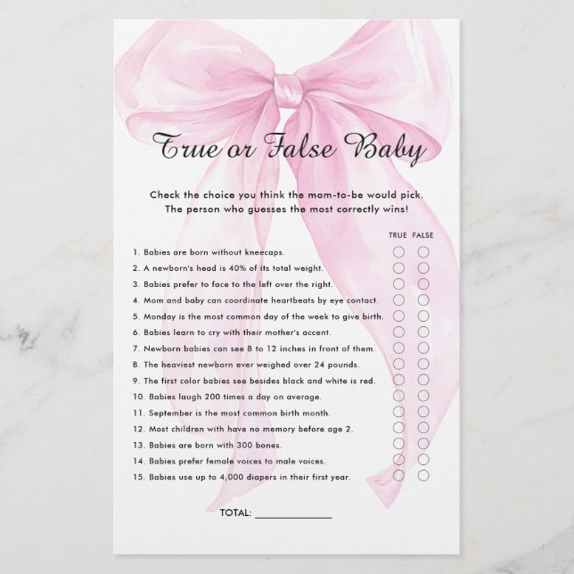 Pink Ribbon Bow True or False Baby Shower Game (Front)