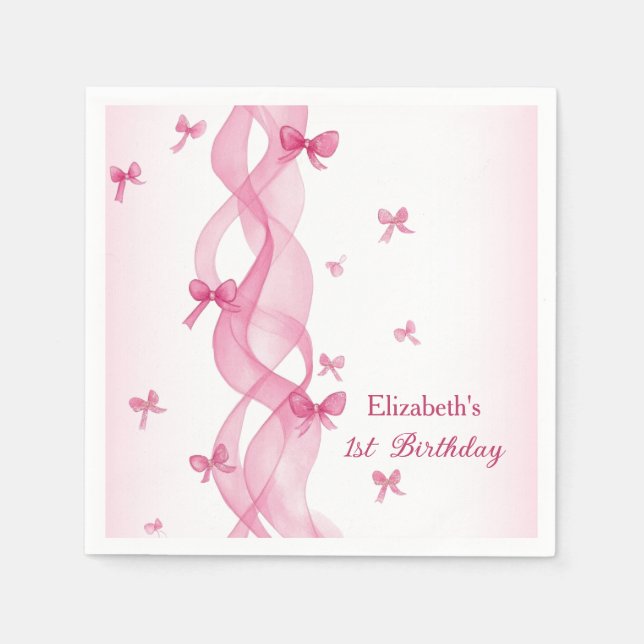 Pink Ribbon Bow Watercolor First Birthday Napkins (Front)