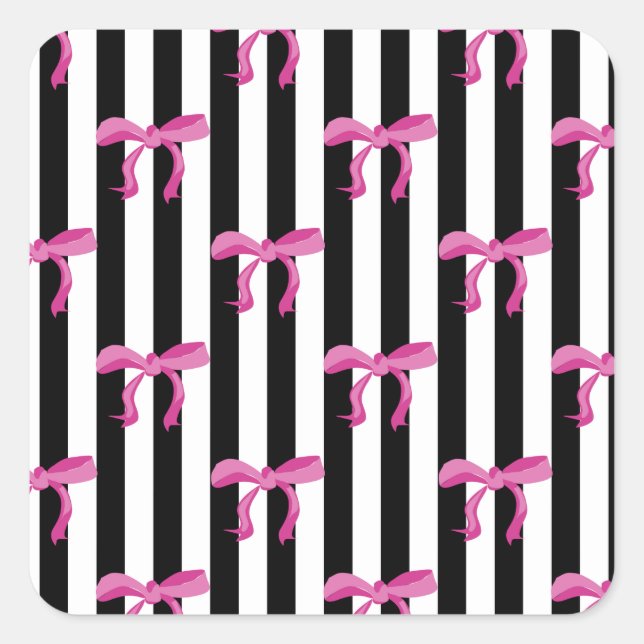Pink ribbon bows on black and white stripes square sticker (Front)