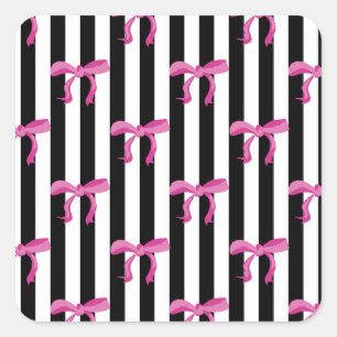 Pink ribbon bows on black and white stripes square sticker