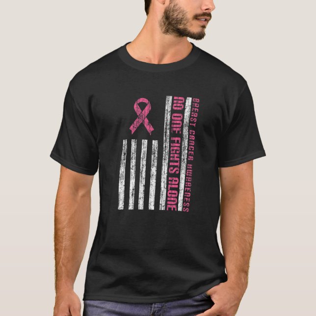 Pink Ribbon Breast Cancer American Flag T-Shirt (Front)
