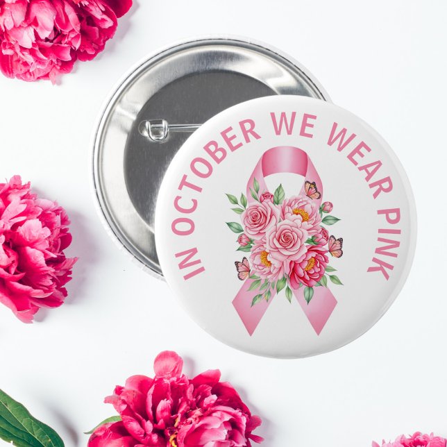 Pink Ribbon Breast Cancer Awareness Button (In October We Wear Pink Floral Ribbon Button)