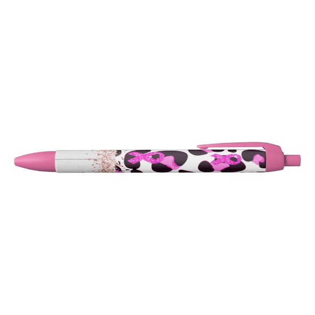 Pink Ribbon Breast Cancer Awareness Cow Print Black Ink Pen (Top)