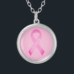 Pink ribbon breast cancer awareness custom name silver plated necklace<br><div class="desc">Pink ribbon breast cancer awareness custom name Silver Plated Necklace. Personalised logo design. Add your own custom support text,  warrior quote or survivor name.</div>