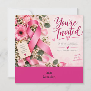 Pink Ribbon Breast Cancer Awareness Floral Invitation