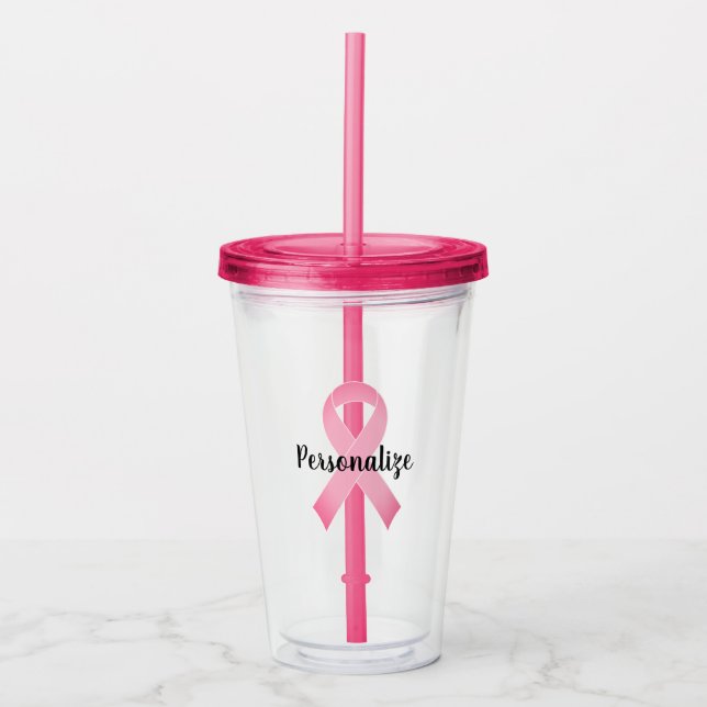 Pink ribbon breast cancer awareness logo custom acrylic tumbler (Front)