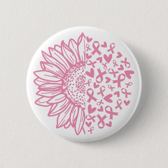 Pink Ribbon Breast Cancer Awareness Sunflower 6 Cm Round Badge (Front)