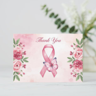 Pink Ribbon Breast cancer Awareness with Flowers Thank You Card