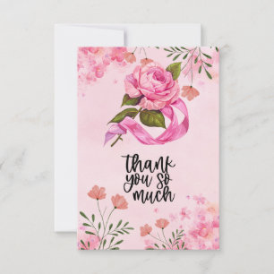 Pink Ribbon Breast cancer Awareness with Flowers Thank You Card