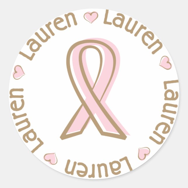 Pink Ribbon Breast Cancer Name Lauren Classic Round Sticker (Front)