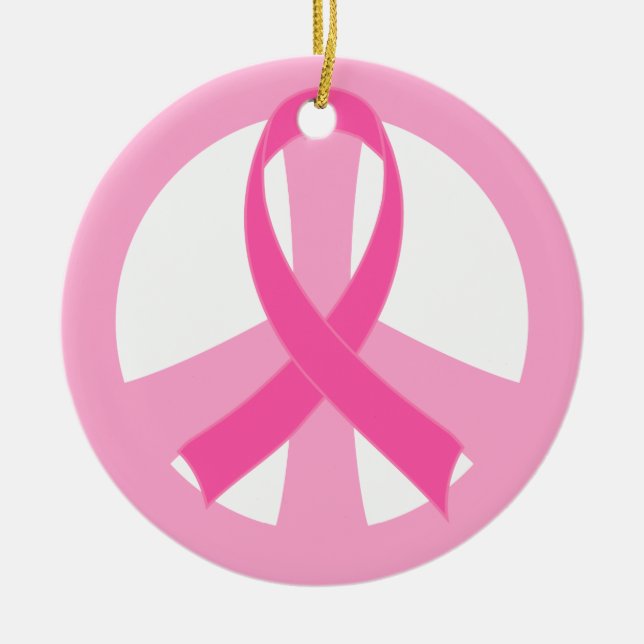 Pink Ribbon Breast Cancer Peace Sign Gift Ceramic Tree Decoration (Front)