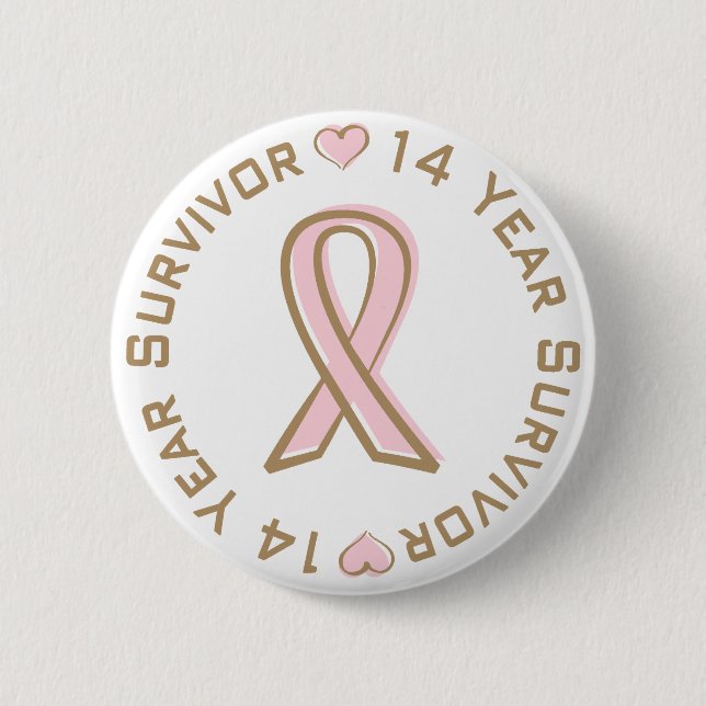 Pink Ribbon Breast Cancer Survivor 14 Years 6 Cm Round Badge (Front)