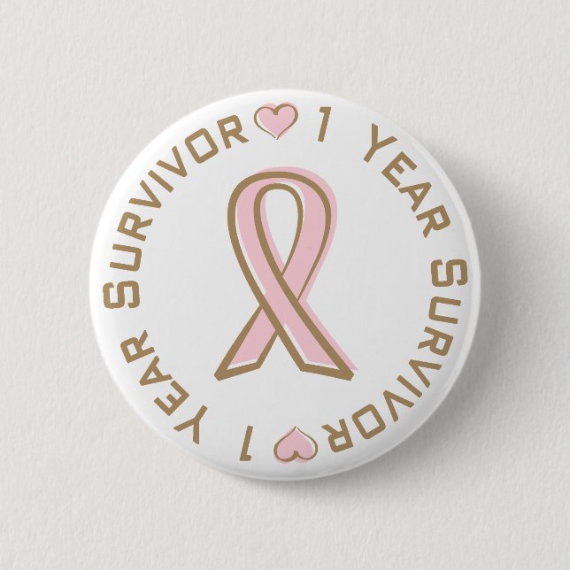 Pink Ribbon Breast Cancer Survivor 1 Year 6 Cm Round Badge (Front)