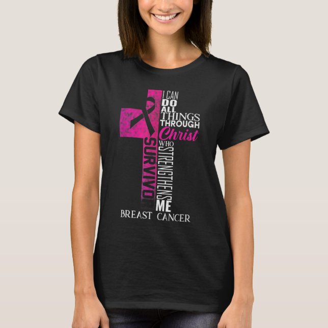 Pink Ribbon Breast Cancer Survivor Christian Cross T-Shirt (Front)