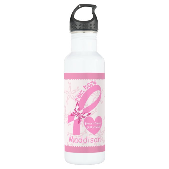 Pink Ribbon Breast cancer survivor & pink border 710 Ml Water Bottle (Front)