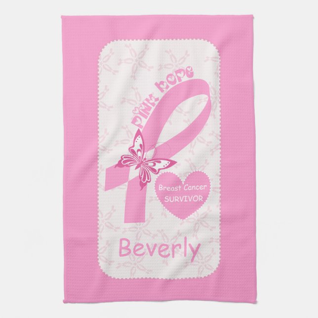 Pink Ribbon Breast cancer survivor & pink border Tea Towel (Vertical)