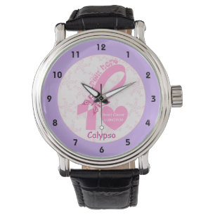 Pink Ribbon Breast cancer survivor & purple border Watch
