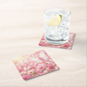 Pink Ribbon Butterflies in Garden Square Paper Coaster