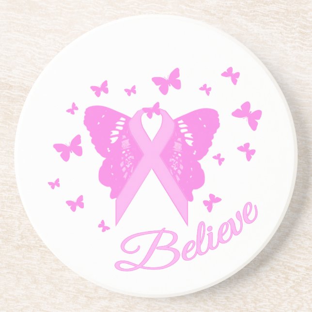 Pink Ribbon Butterfly Awareness Coaster (Front)