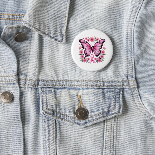 Pink Ribbon Butterfly Breast Cancer Awareness  6 Cm Round Badge (In Situ)