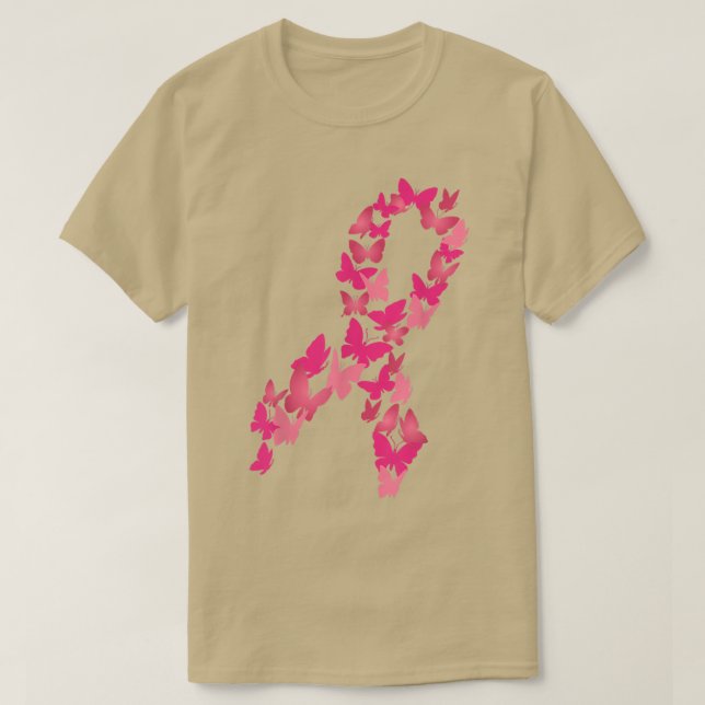 Pink Ribbon Butterfly Cute Breast Cancer Awareness T-Shirt (Design Front)