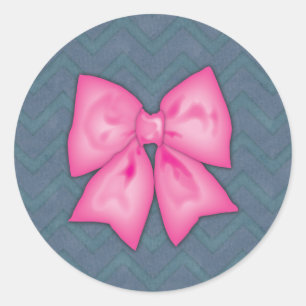 Pink Ribbon Chevron Denim Background Classic Round Sticker