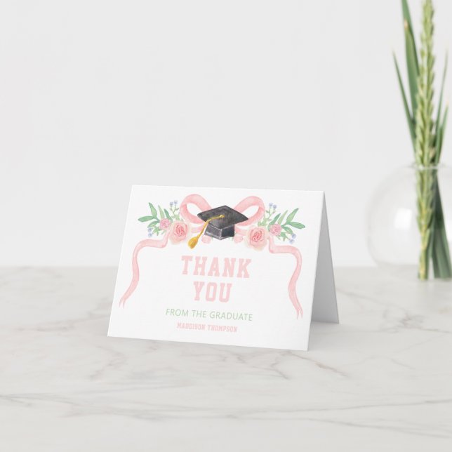 Pink Ribbon Coquette Graduation  Thank You Card (Front)