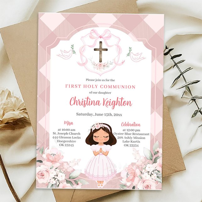 Pink Ribbon Crest Girl First Holy Communion Invitation (Creator Uploaded)