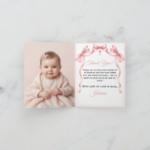 Pink Ribbon Cross Photo Baptism Thank You Card